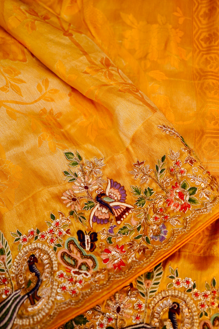 Haldi Ceremony Yellow Silk Brocade Saree with Meenakari Embroidery