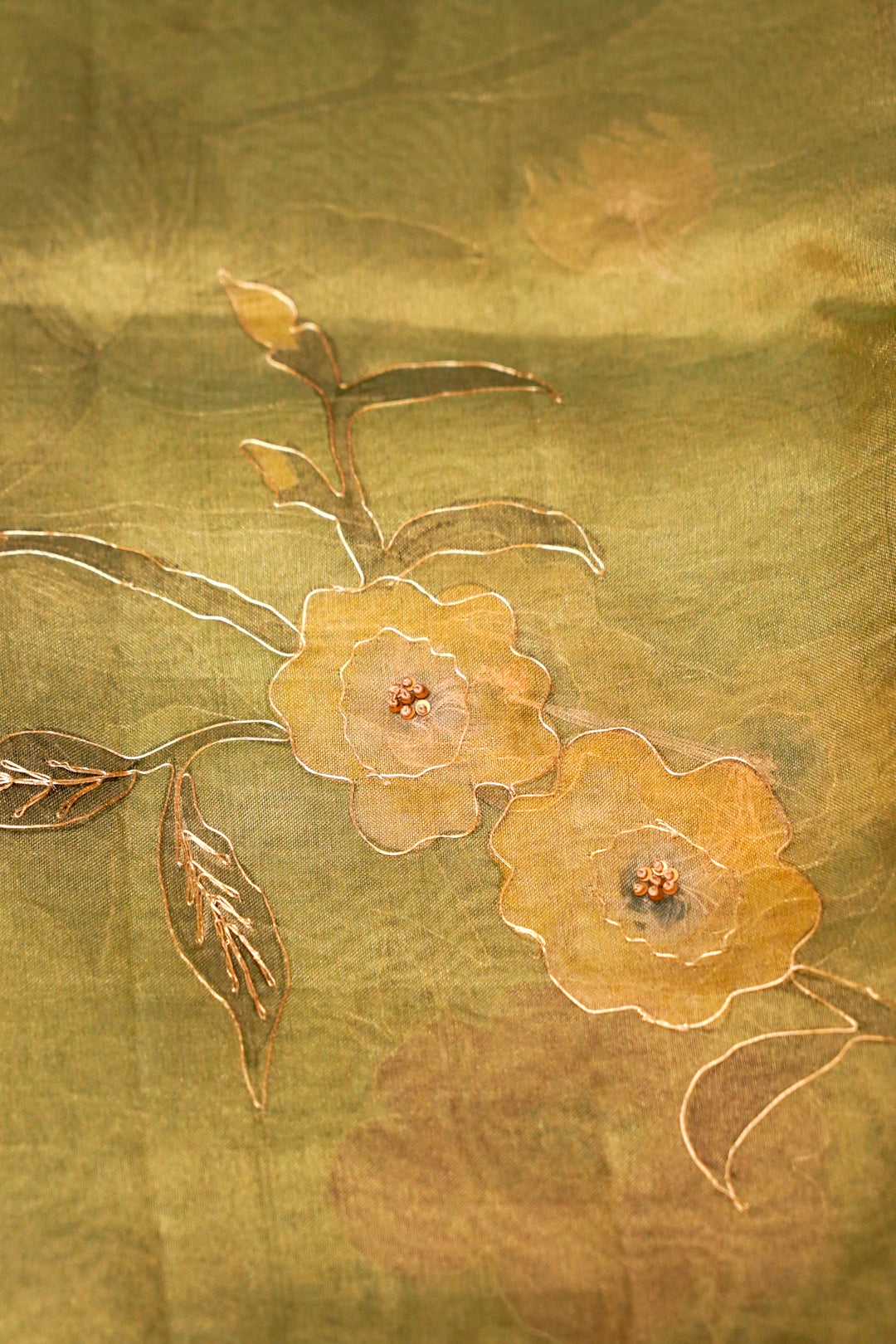Designer Hand Painted Light Green Pitta Zari Pure Tissue Saree View 5