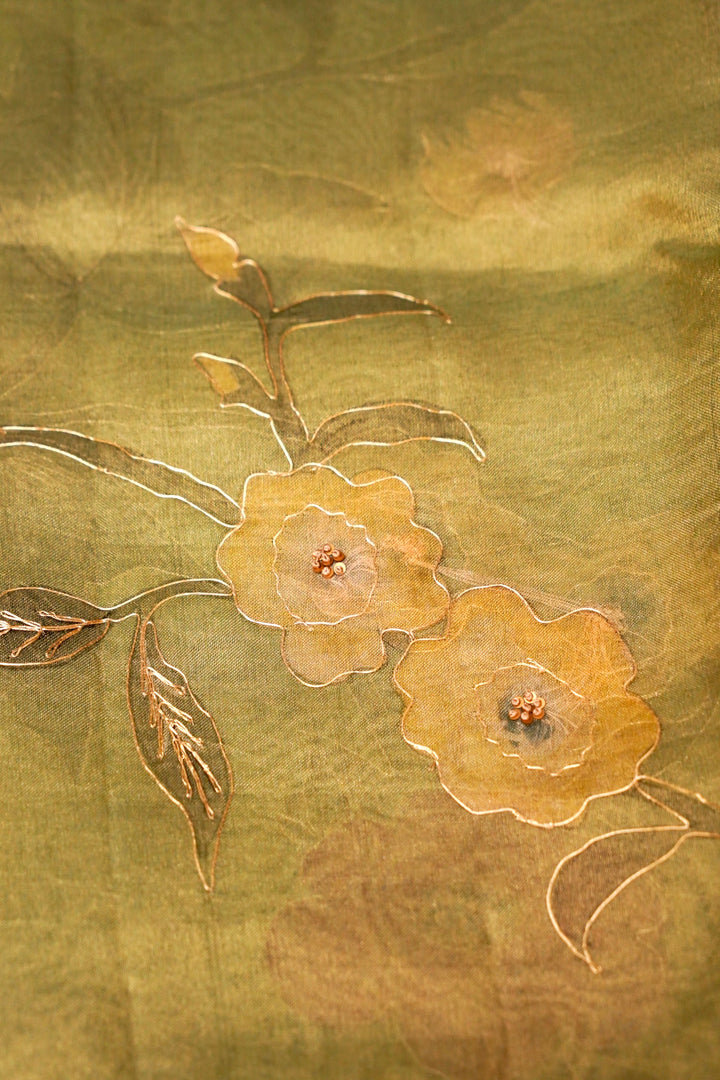 Designer Hand Painted Light Green Pitta Zari Pure Tissue Saree View 5