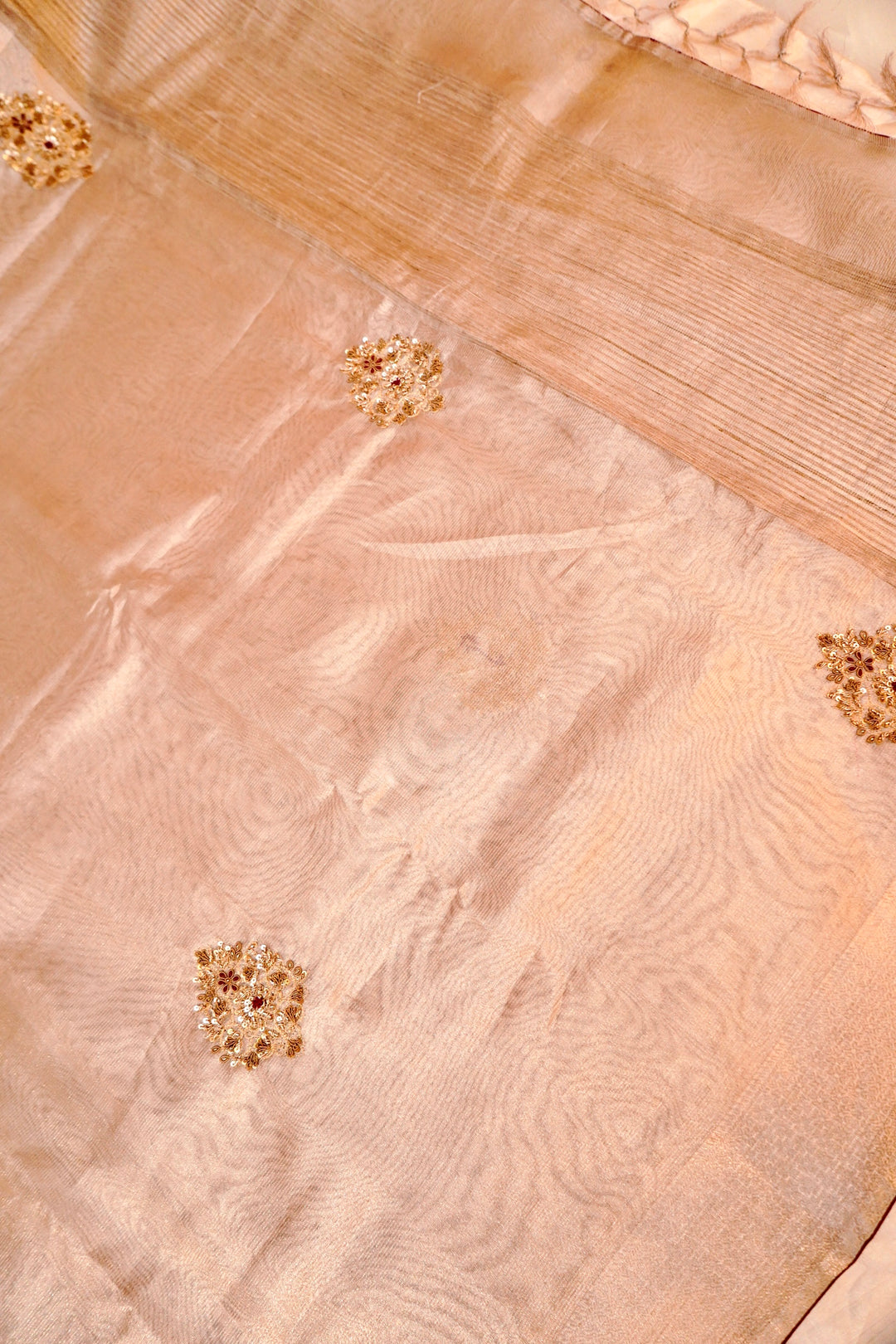 Luxurious Rose Gold Pure Tissue Saree with Antique Zardozi Embroidery