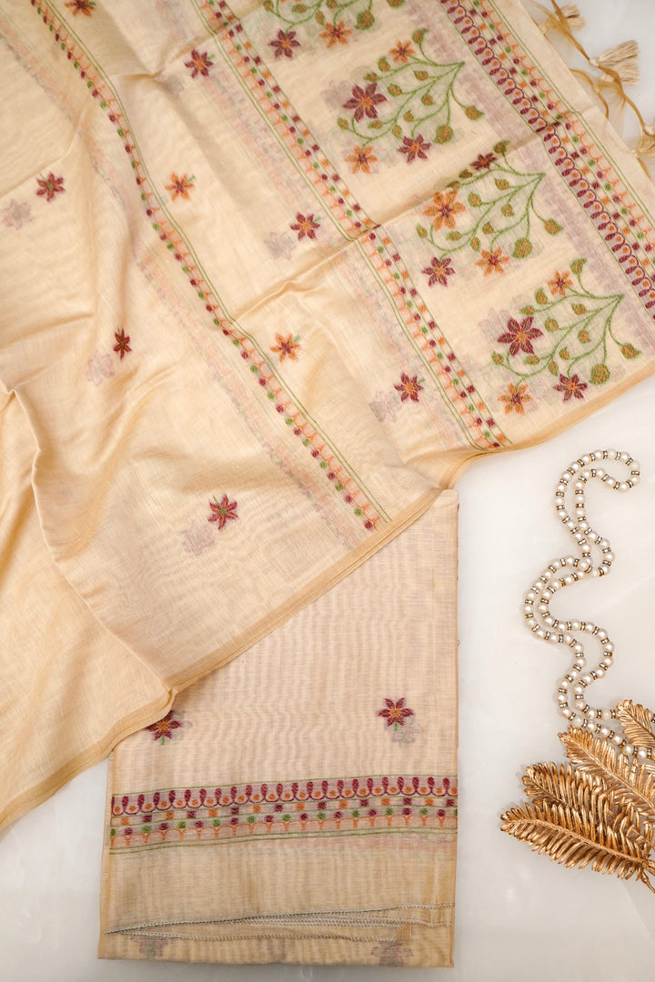 Graceful Beige Meenakari Floral Cotton Silk Suit Set
