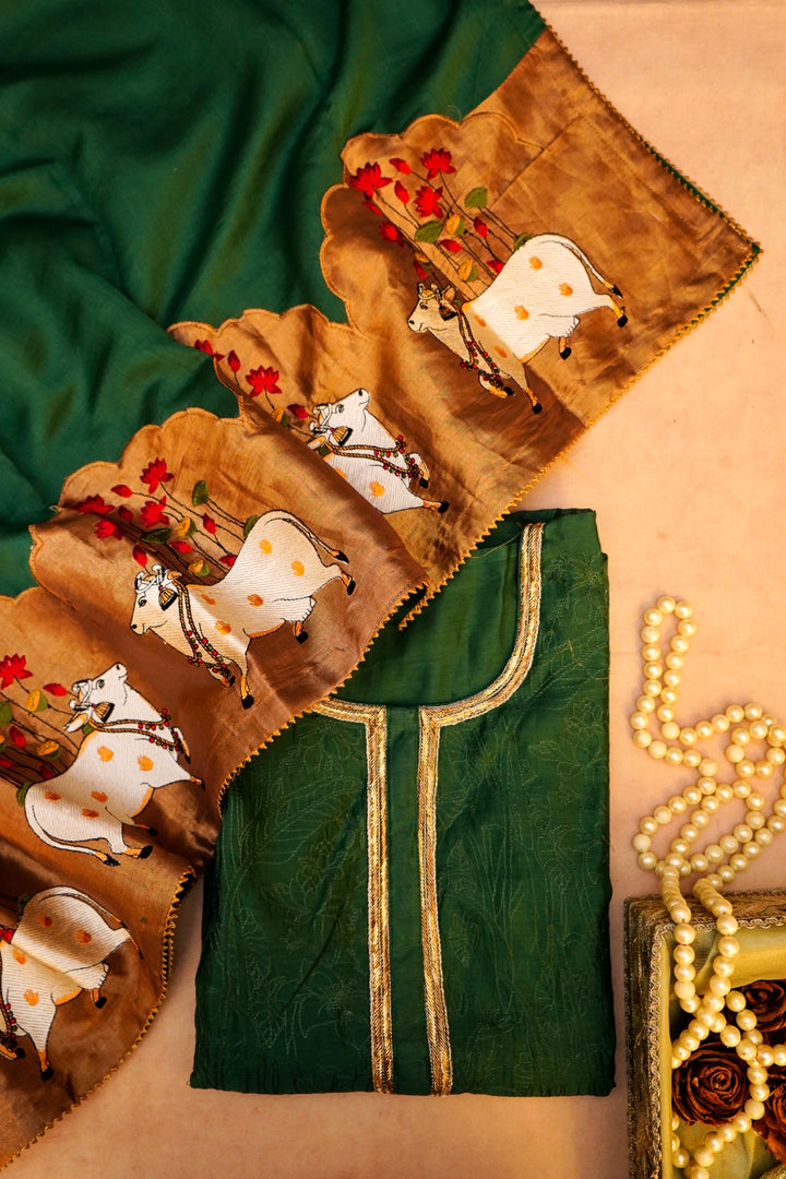 Regal Green Chanderi Silk Suit Zardozi & Pichwai Embroidered Royal Ensemble