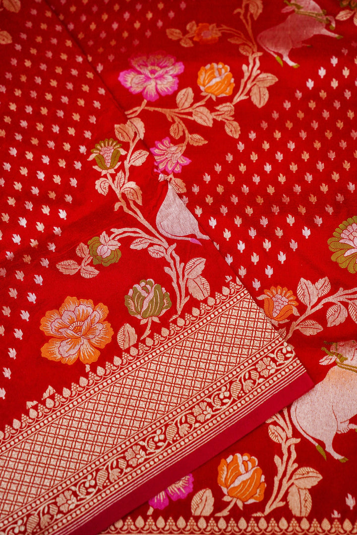 Red Handwoven Banarasi Bridal Katan Silk Saree with Zari Nandi Motifs & Meenakari Floral Weave