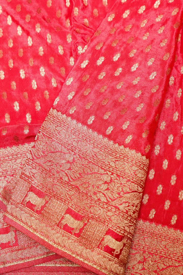 Pichwai Inspired Peach Pure Chinon Georgette Bridal Wear Saree