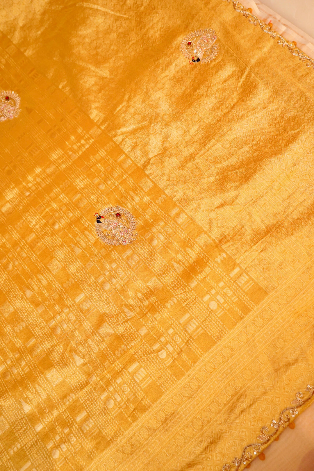 Golden Pure Tissue Saree with Meenakari Zardozi Embroidery