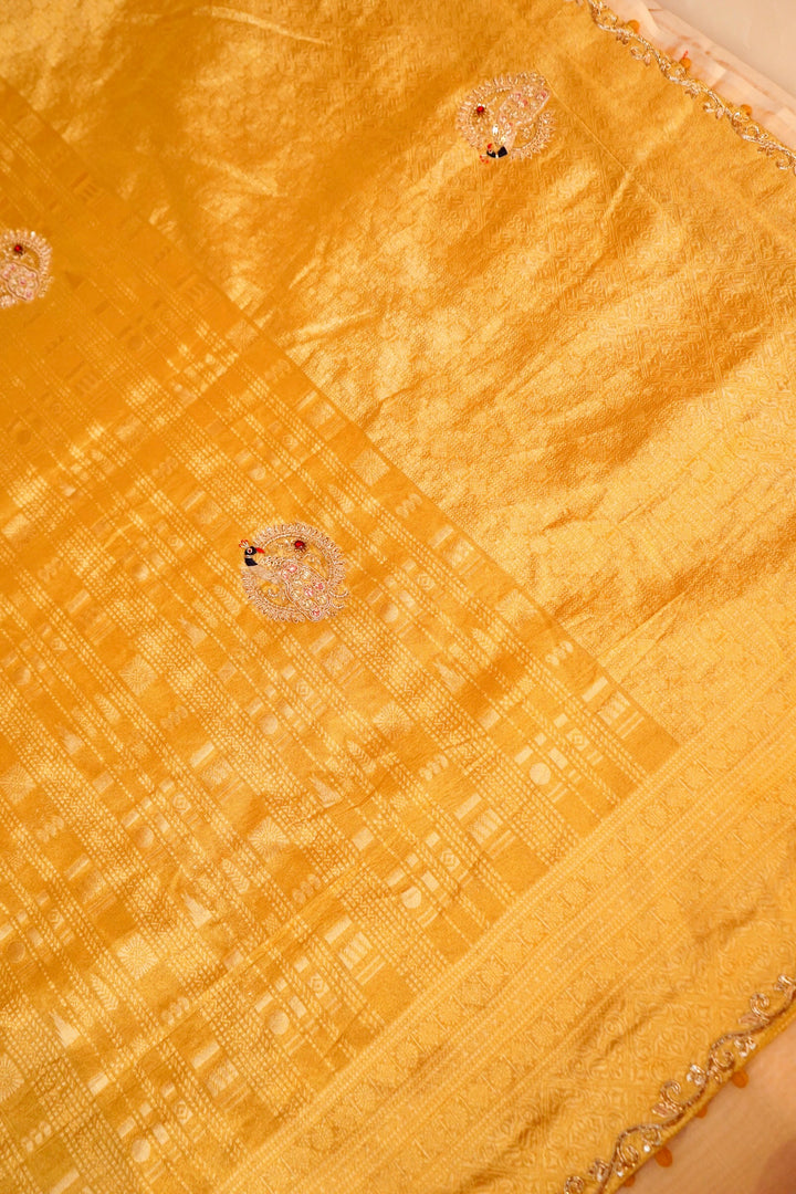 Golden Pure Tissue Saree with Meenakari Zardozi Embroidery