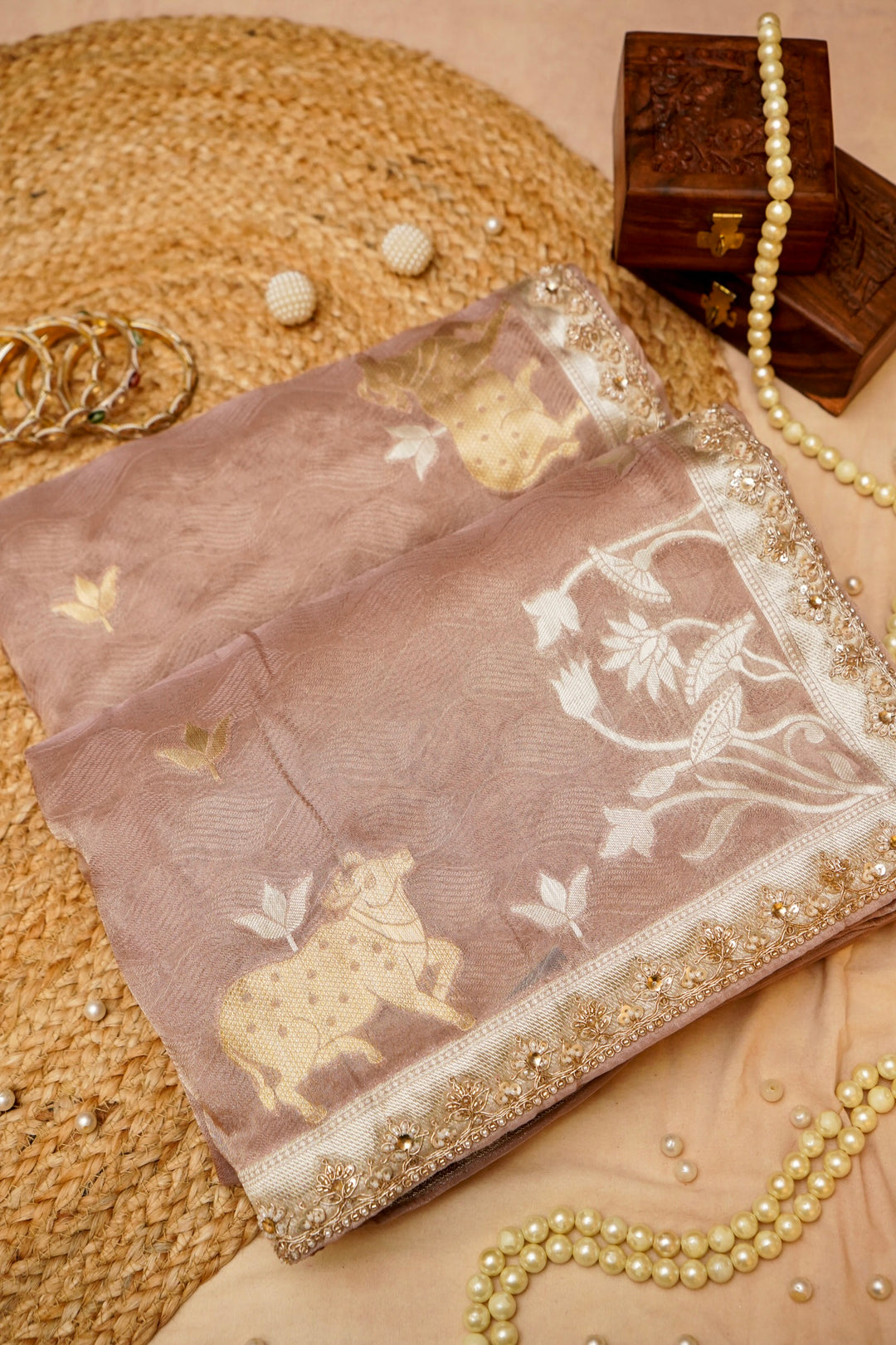 Rose Pink Tissue Silk Pichwai Inspired Sona Rupa Zari Weave Saree View 2