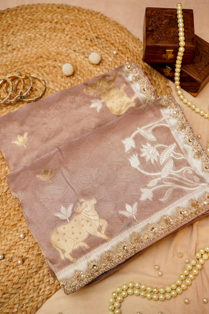 Rose Pink Tissue Silk Pichwai Inspired Sona Rupa Zari Weave Saree View 2