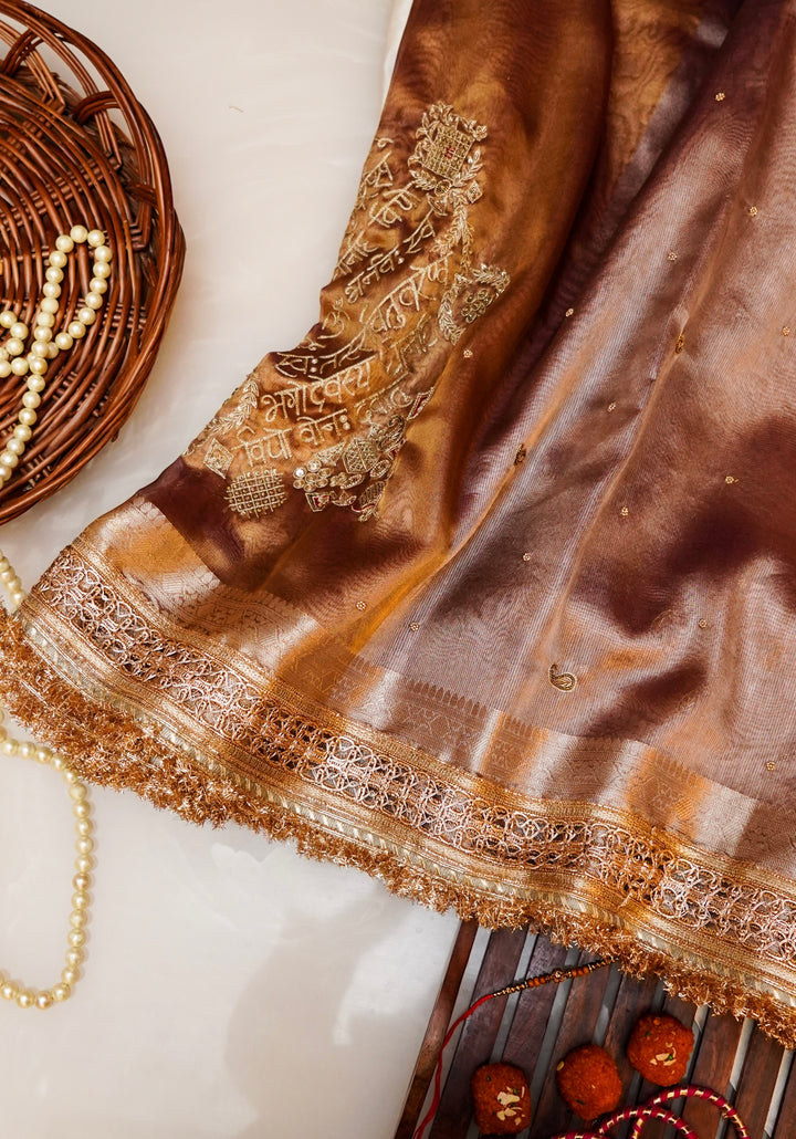 Copper Brown Banarasi Maharani Tissue Silk Saree with Gayatri Mantra Pallu & Scallop Border