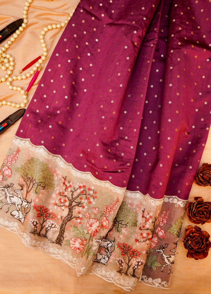 Wine Pure Handloom Chiniya Silk Saree with Appliqué Resham Embroidery