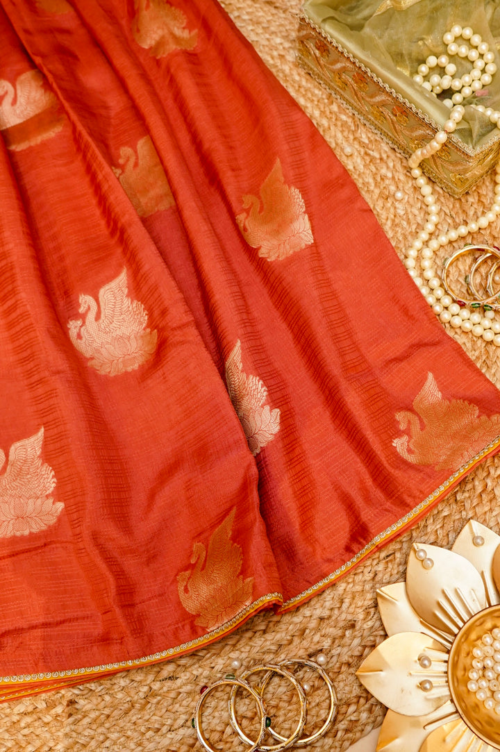 Coral Orange Soft Silk Saree with Designer Buddha Inspired Blouse View 1