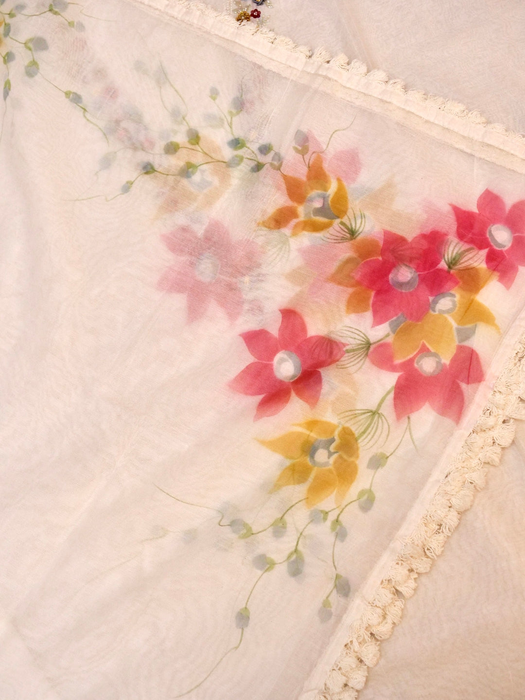 White Chanderi Silk Suit Set with Hand Painted Floral Dupatta