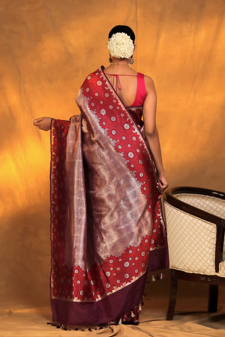 banarasi handloom wine pure brocade katan silk saree with tanchoi border and pallu back view