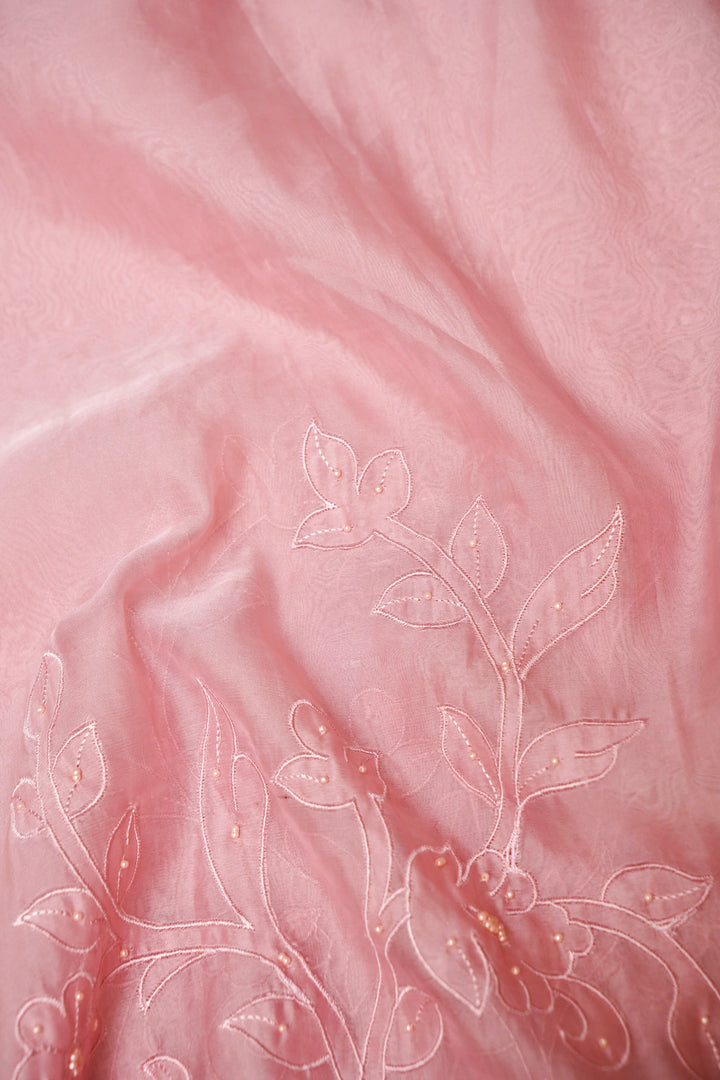 Pastel Pink Organza Tissue Saree with Resham & Pearl Embroidery with Tissue Blouse