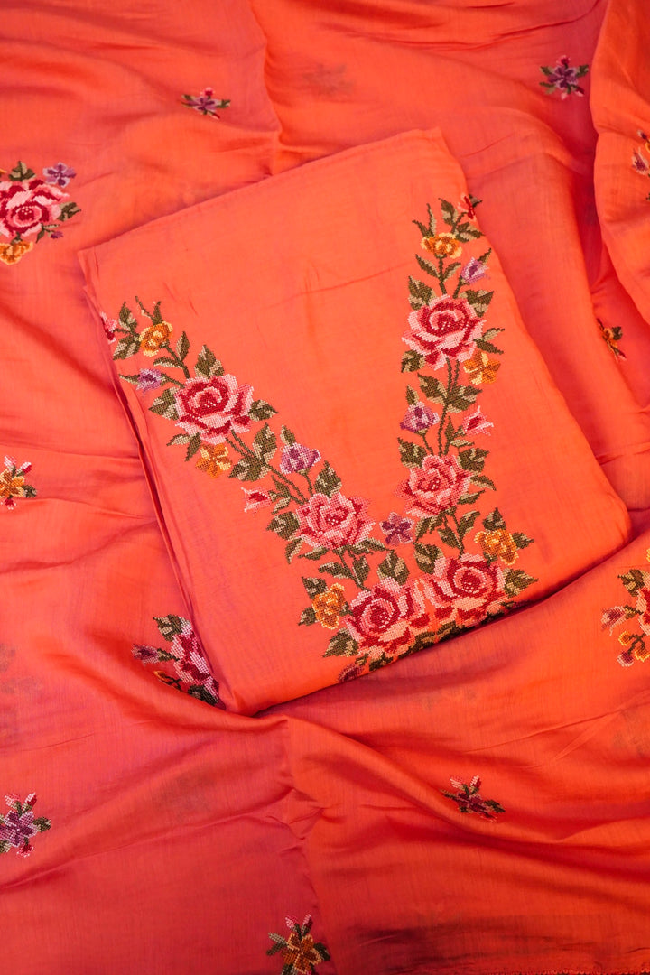 Dark Peach Banarasi Chanderi Silk Suit Set with Embroidery Work