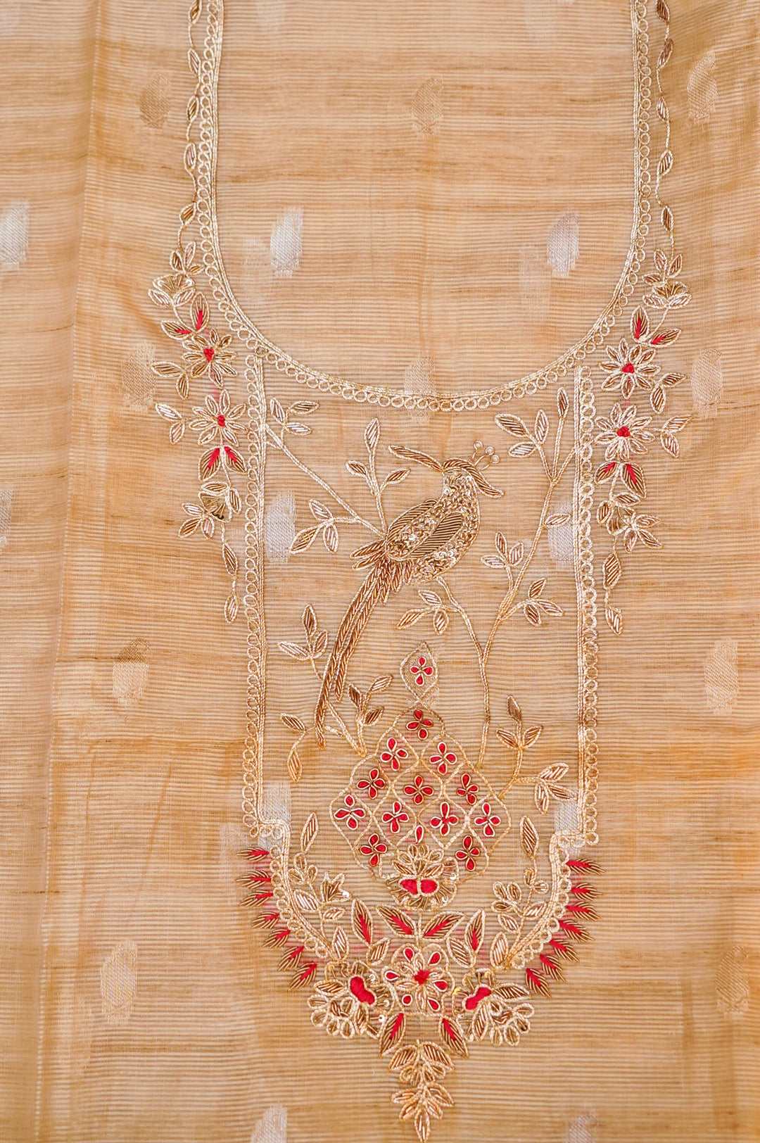 Unstitched Beige Gold Pure Chanderi Silk Suit with Pink Contrast Dupatta