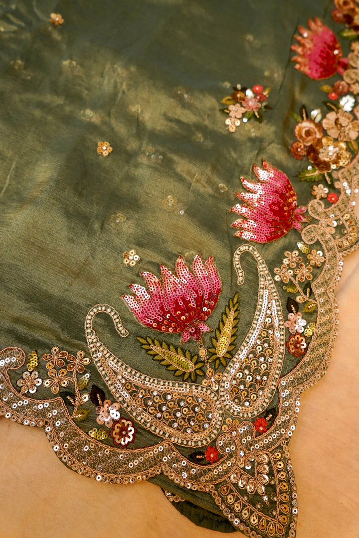 Sage Green Designer Tissue Silk Saree with Pichwai Lotus Embroidery View 3