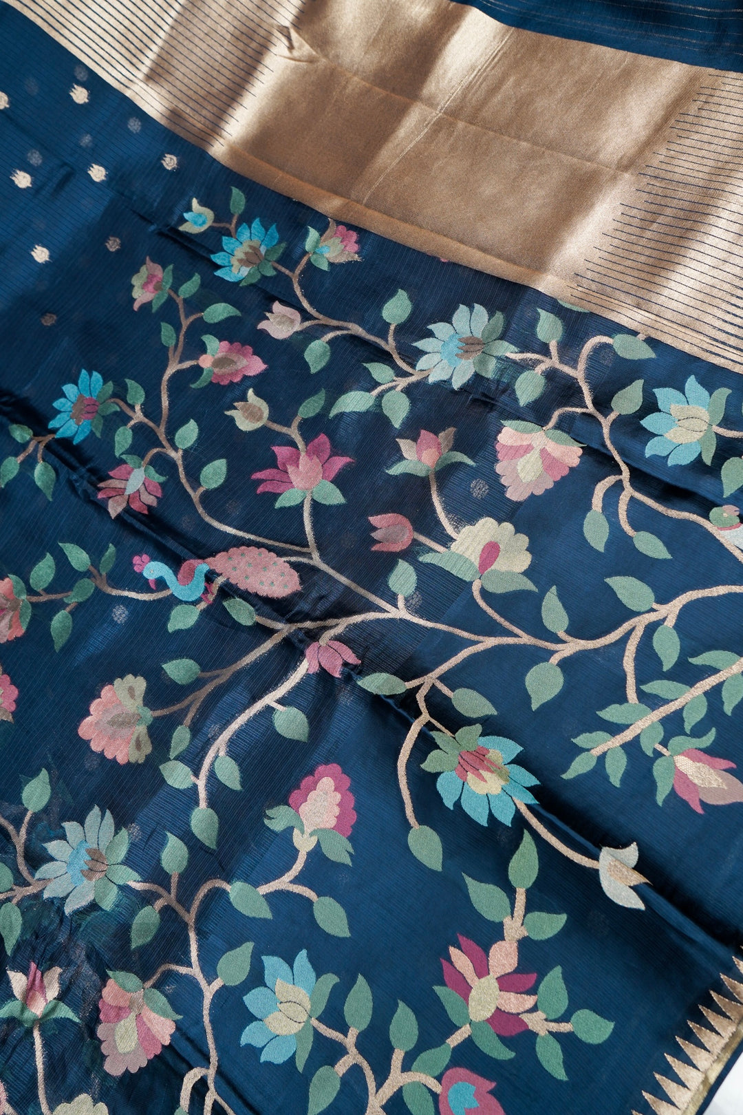 Teal Blue Pure Banarasi Kota Silk Figure Motif Saree with Silk Weaving Border