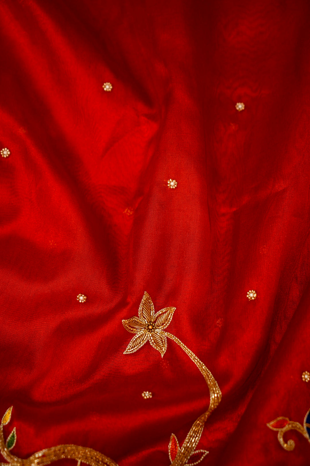Ruby Red Maharani Tissue Silk Radha Krishna Motif Saree View 6