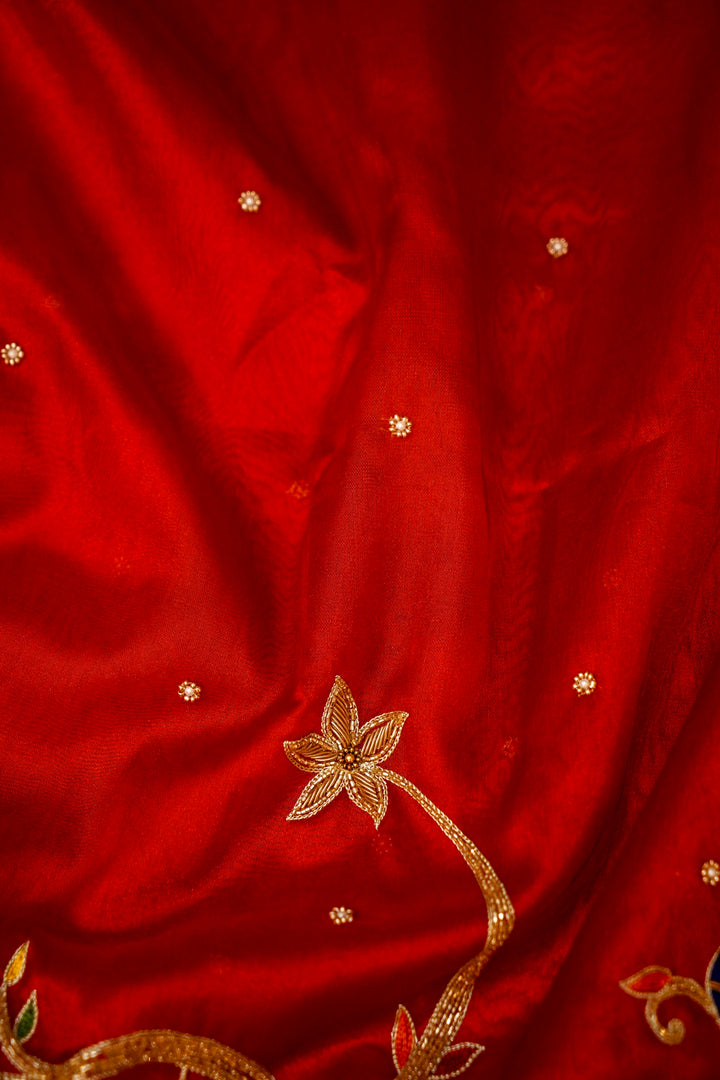Ruby Red Maharani Tissue Silk Radha Krishna Motif Saree View 6