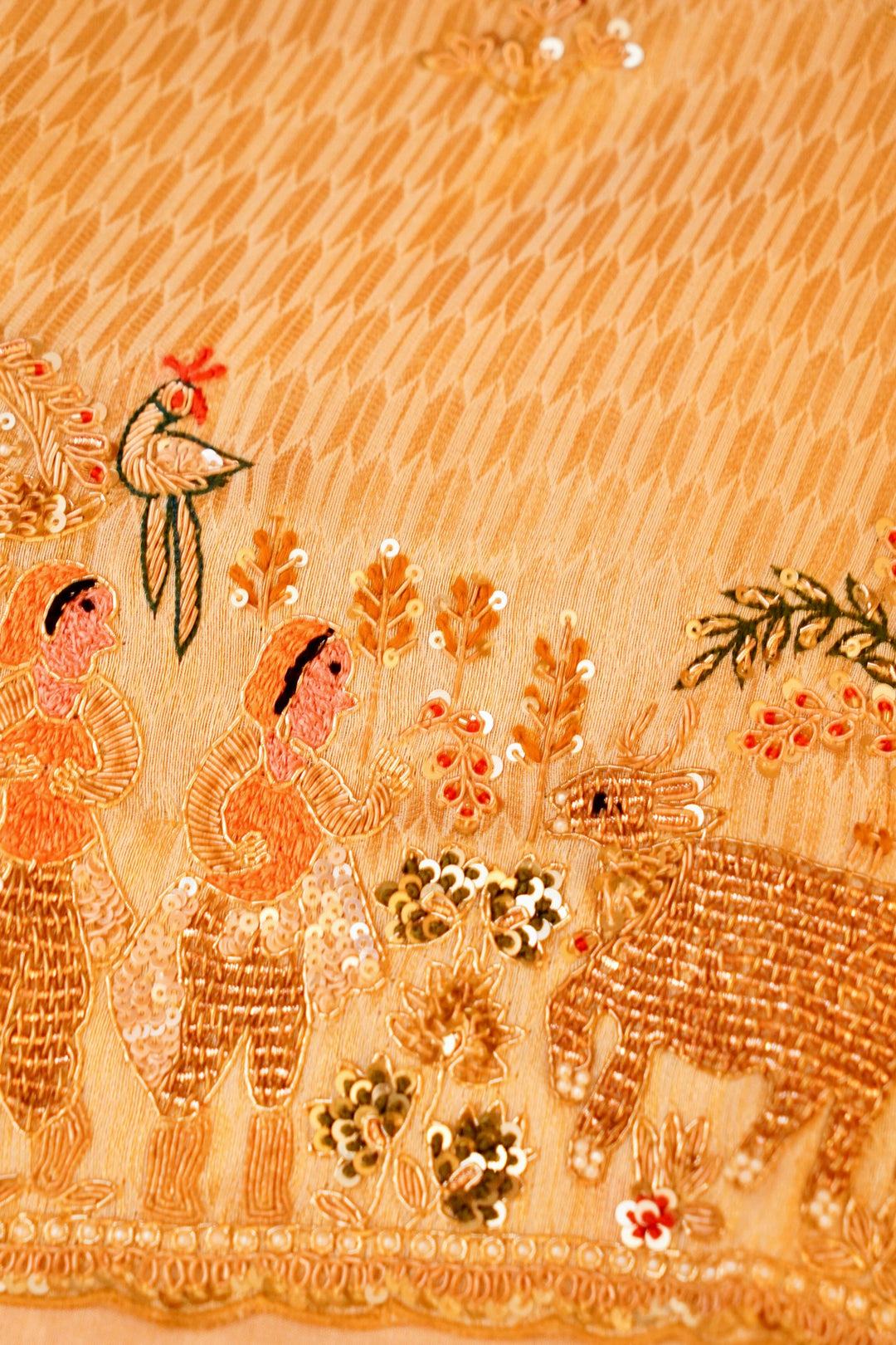 Golden Pure Katan Tissue Saree with Meenakari Zardozi Embroidery – A Royal Ensemble