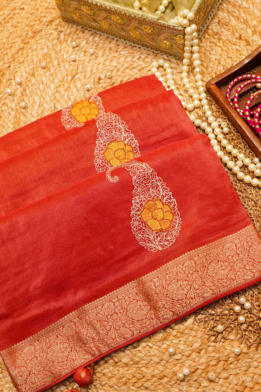Crimson Red Soft Tissue Saree with Resham Embroidery &amp; Carry Boota