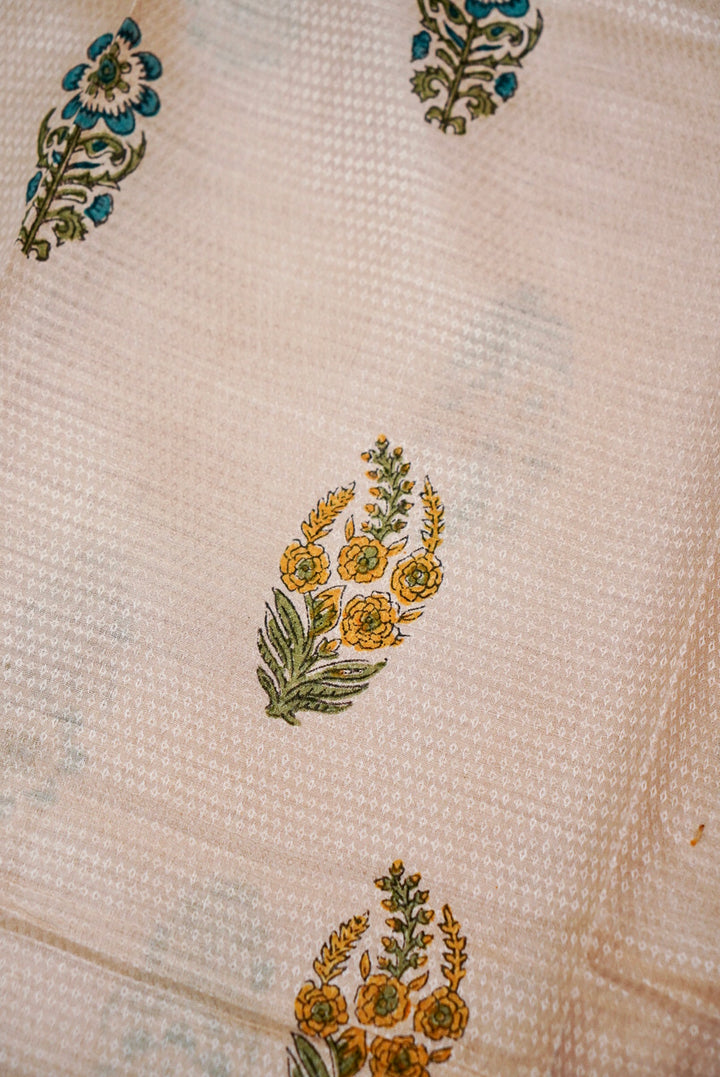 Pure Silk Tussar Fabric with Mural Art Thread Embroidery and Hand Block Prints