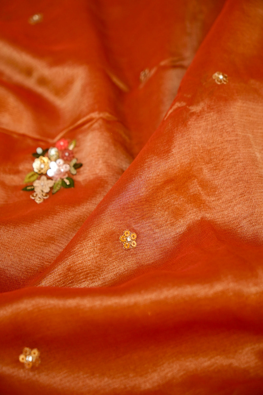 Apricot Orange Designer Tissue Silk Saree with Pichwai Lotus Embroidery View 6