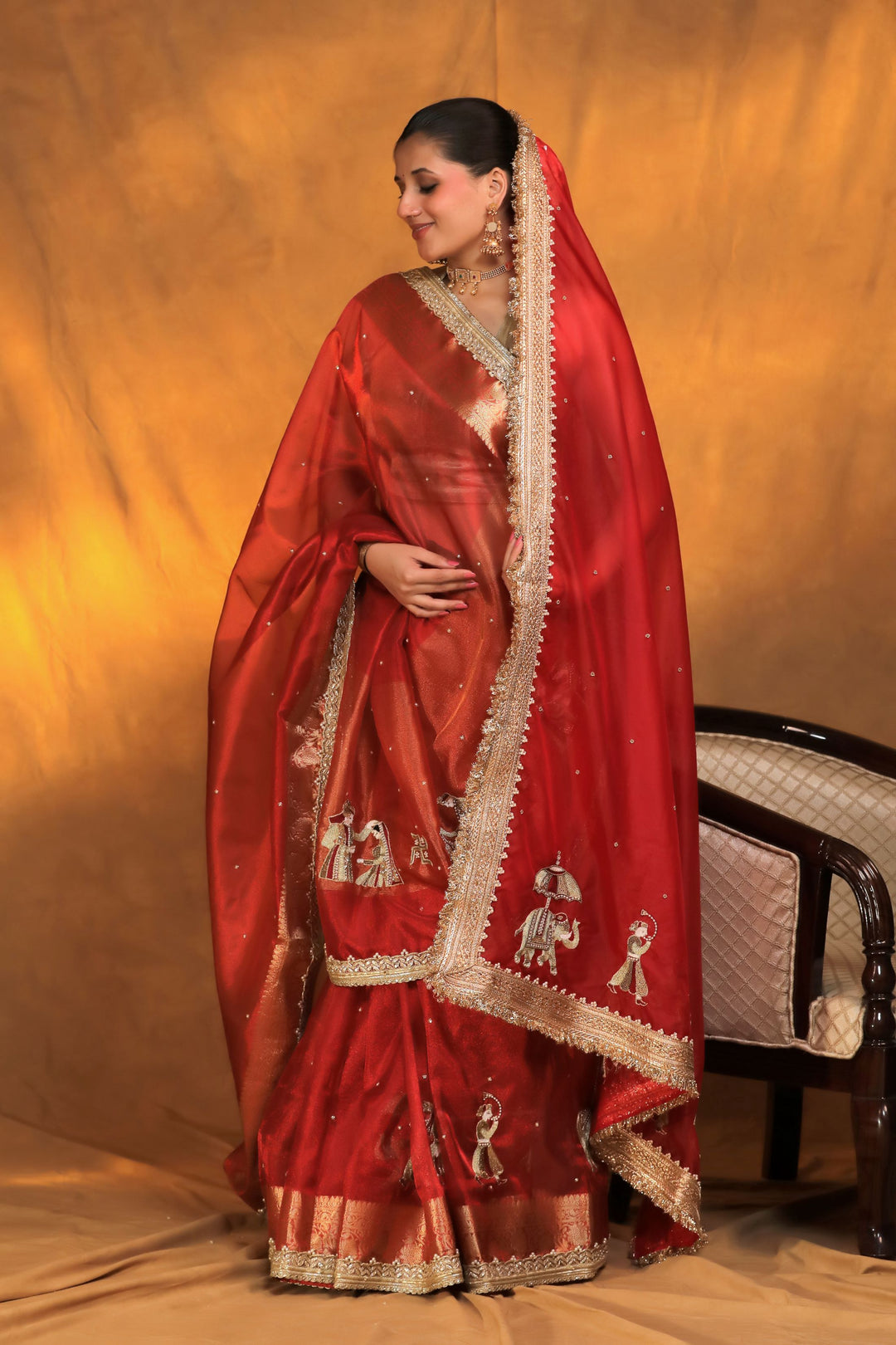 Gajanan motif baarat inspired red pure tissue silk saree front view 3