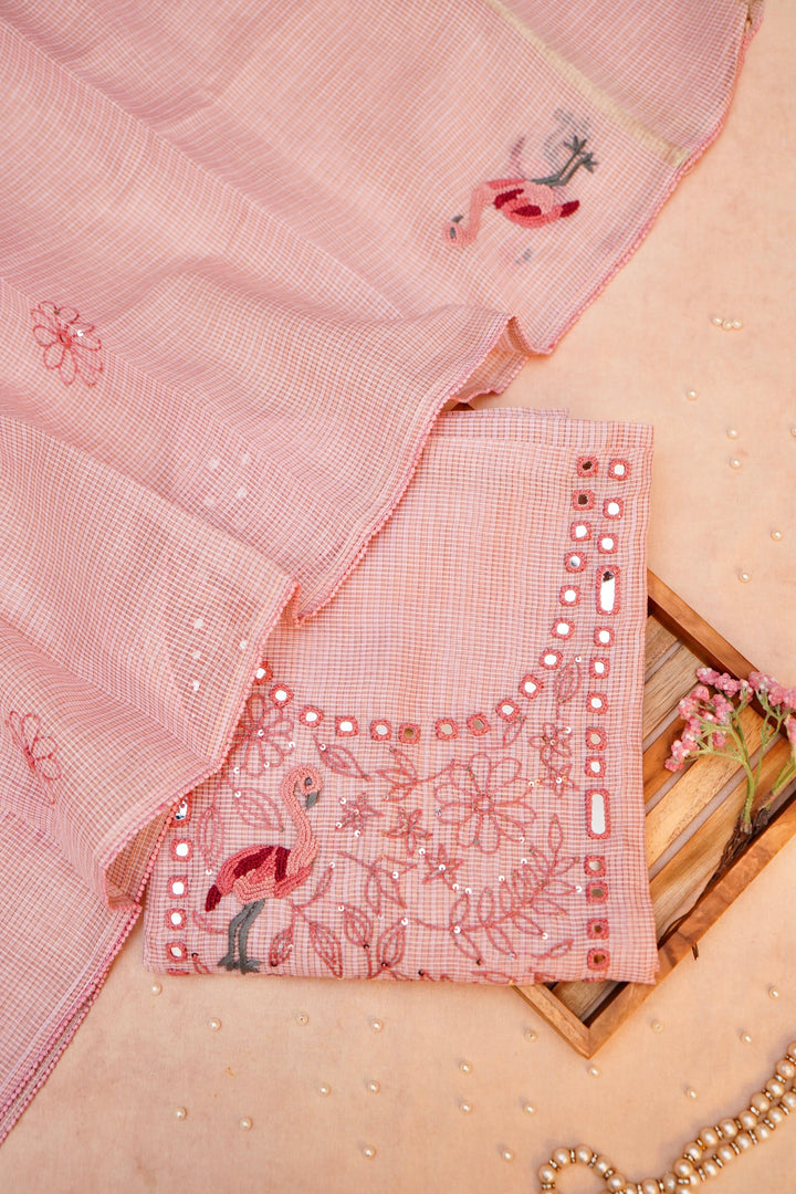 Pink Pure Chanderi Kota Fabric with Mirror & French Knot Thread Embroidery