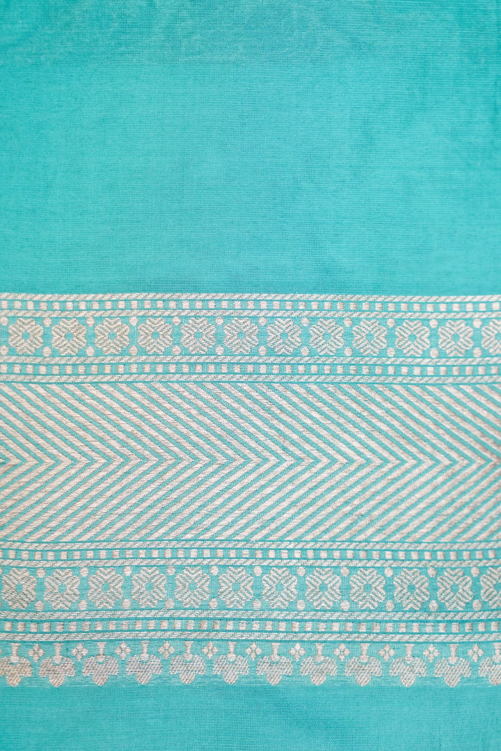 Turquoise Blue Rangkaat Bloom Pure Katan Silk Banarasi Saree View 6