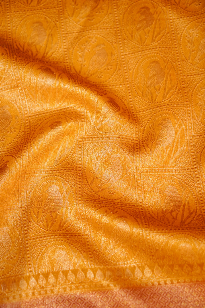 Handwoven Banarasi Pure Yellow Chanderi Silk Saree with Magenta Contrast Border