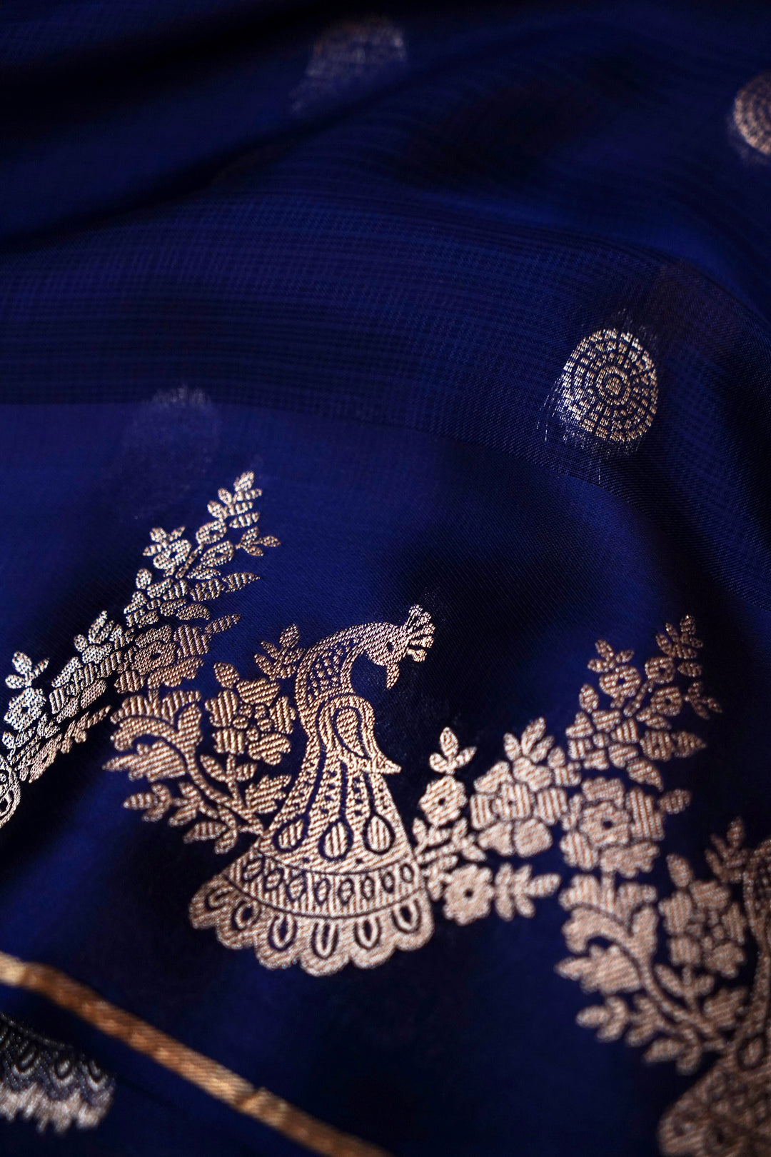 Navy Blue Kota Check Saree with Birds Motif Silk Border