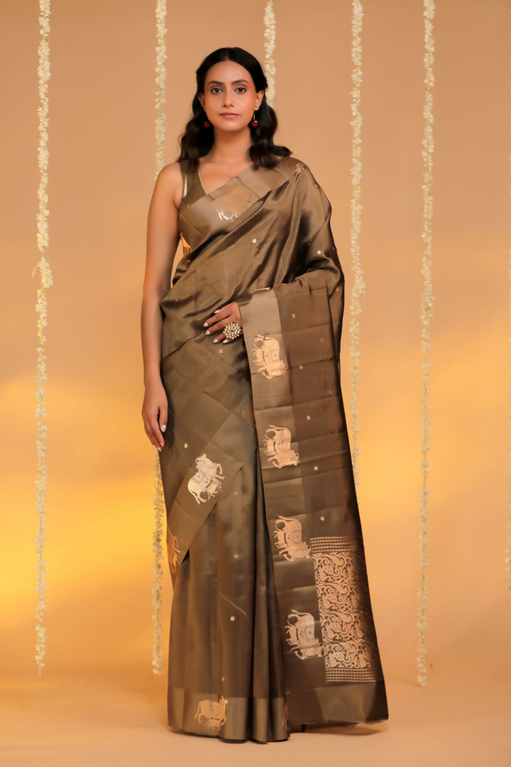 handwoven banarasi pure mashru silk kamdhenu motif satin border saree front view