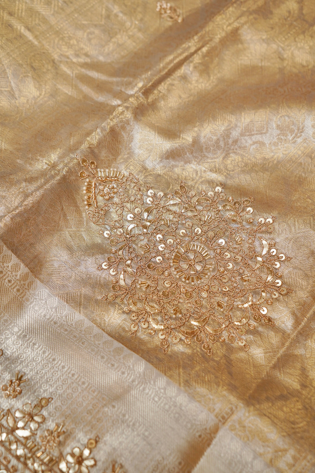 Beige Gold Designer Banarasi Brocade Tissue Silk Saree with Hand Embroidery