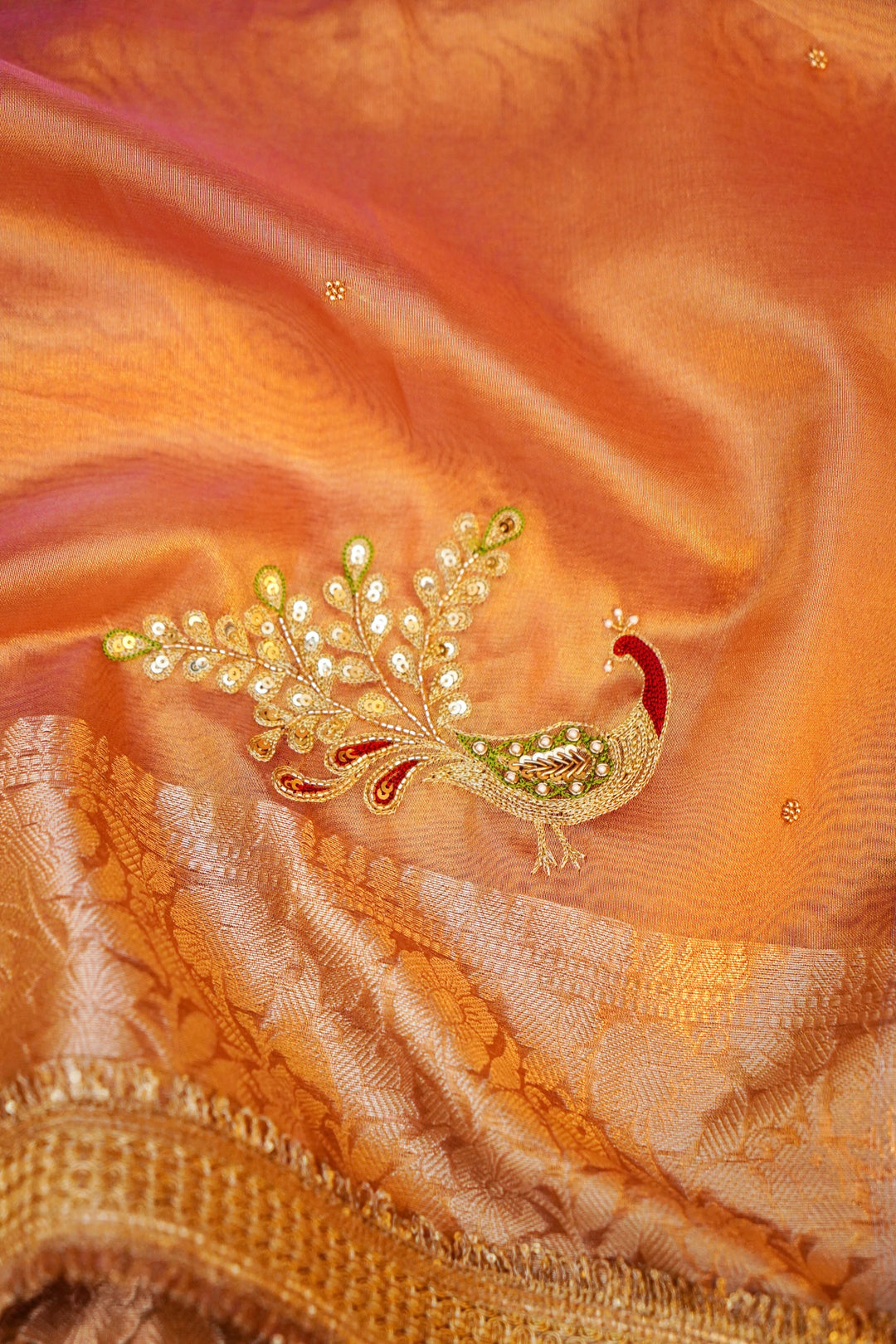Eternal Grace Copper Gold Tissue Silk Saree with Peacock Motifs