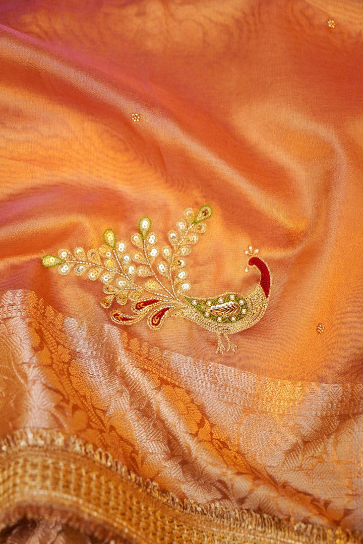 Eternal Grace Copper Gold Tissue Silk Saree with Peacock Motifs