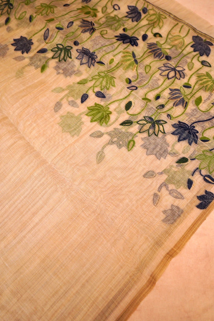 Beige Gold Cotton Silk Suit Set with Green Purple Floral Embroidery