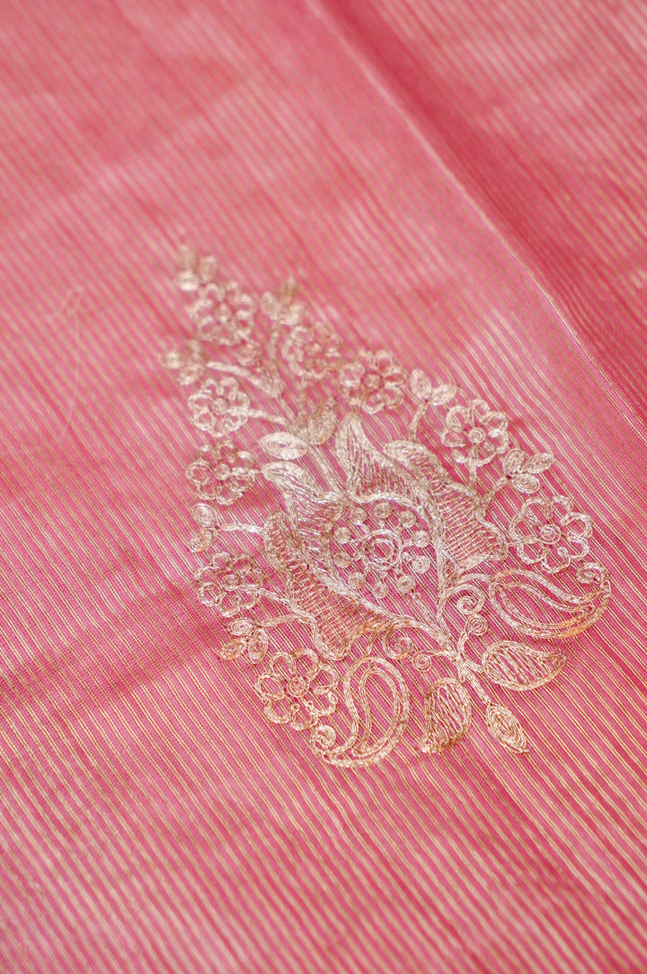Unstitched Pink Pure Chanderi Tissue Suit Set with Zardozi work