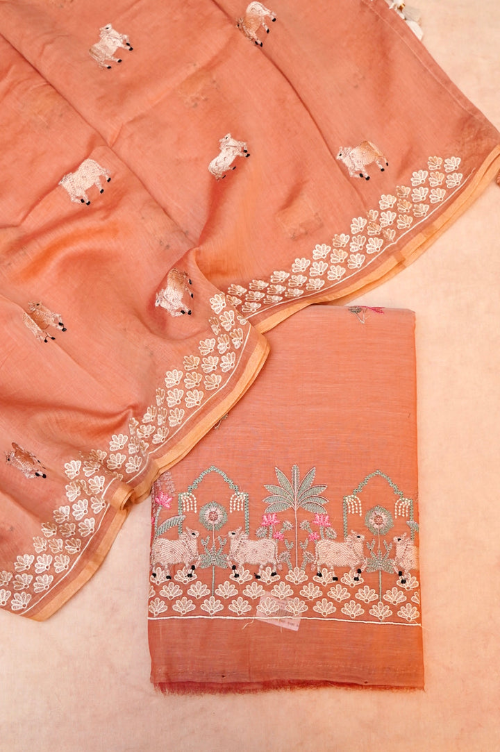 Peach Pure Chanderi Silk Suit Set with Pichwai Thread Embroidery