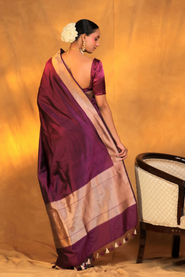 Banarasi Handloom Dark Purple Pure Katan Silk Ghat Wali Saree Back View