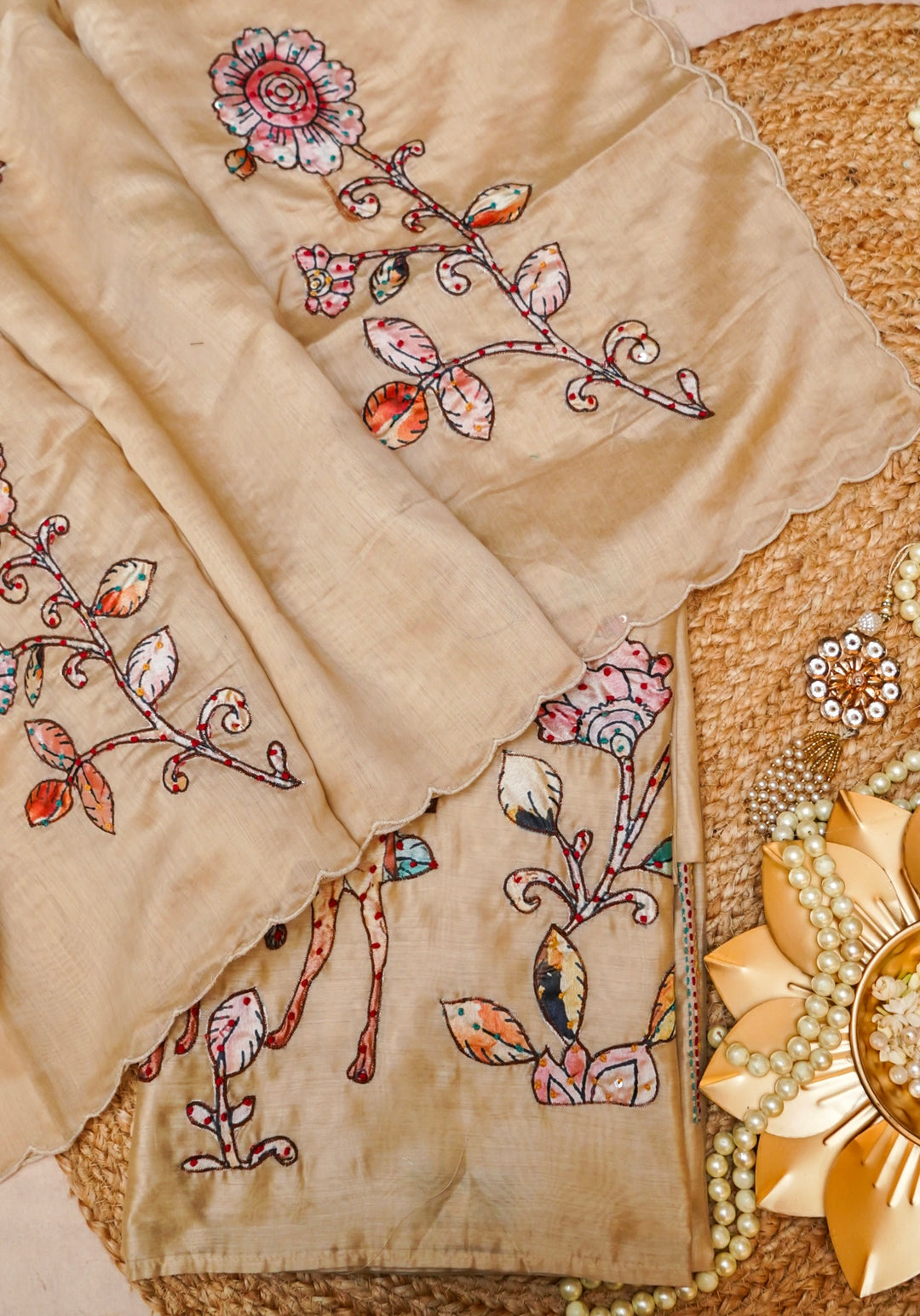 Beige Crepe Silk Suit Set with Appliqué and Kantha Embroidery Cover View 1