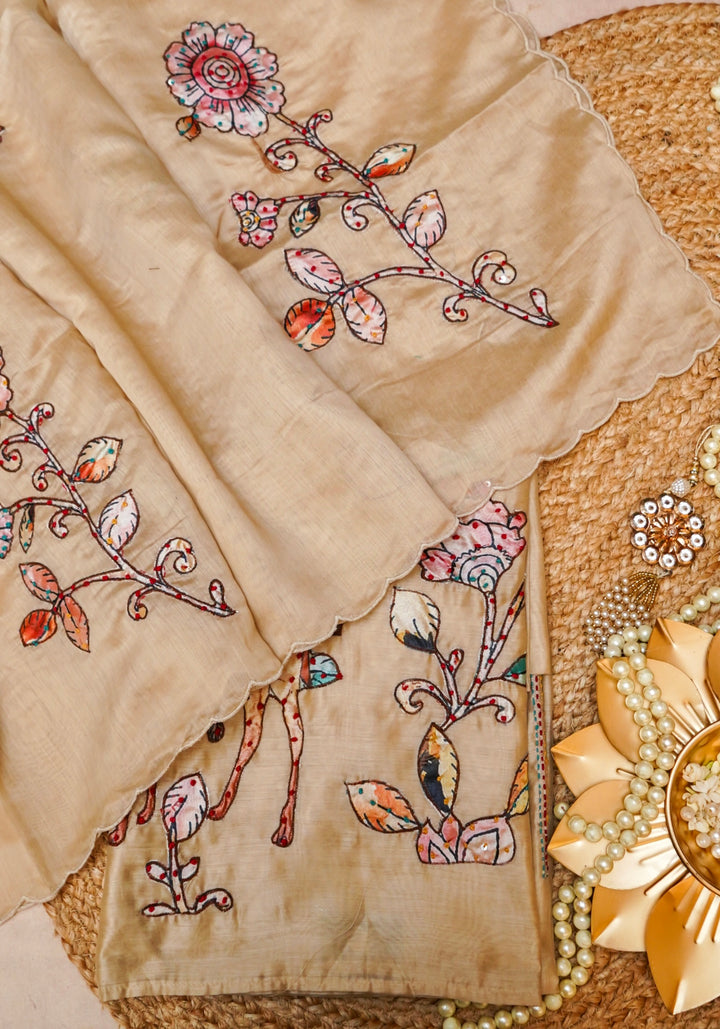 Beige Crepe Silk Suit Set with Appliqué and Kantha Embroidery Cover View 1