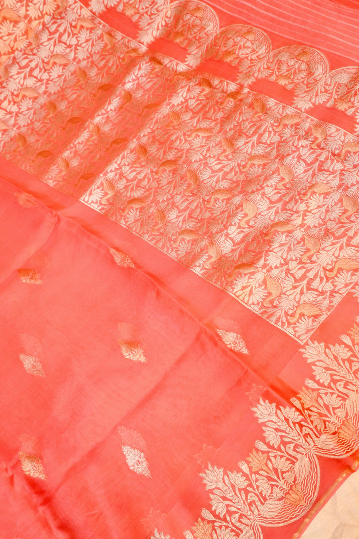 Elegant Peach Sonaroopa Muslin Organza Birds Motif Saree