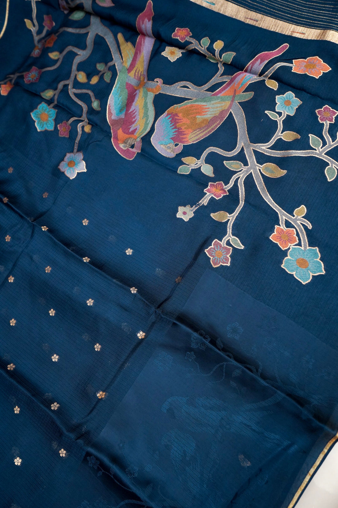 Teal Blue Banarasi Kota Saree with Silk Border &amp; Paithani Inspired Weaving