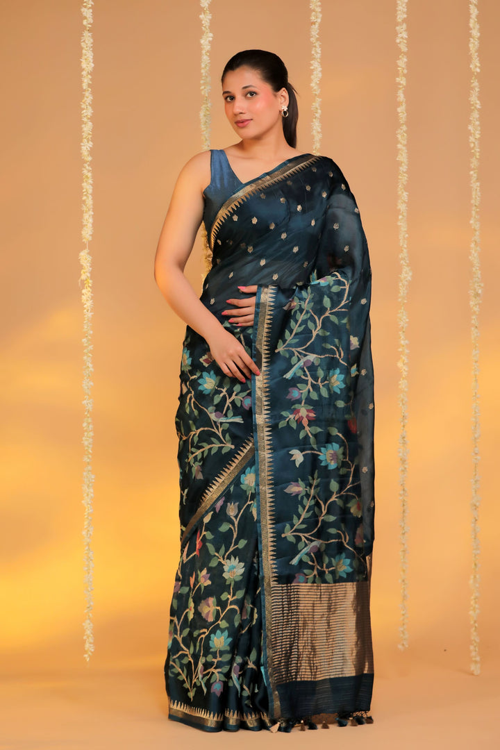 teal blue kota silk figure motif silk border saree front view 1