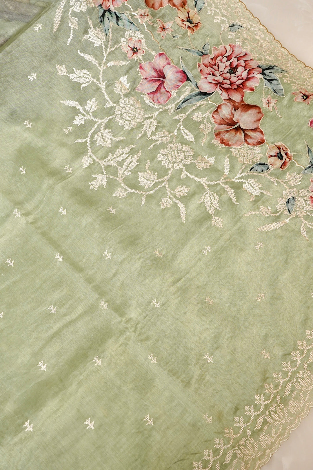 Pista Green Tissue Saree with Cross Stitch Resham Embroidery & Appliqué Work
