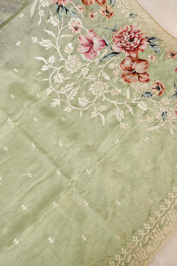 Pista Green Tissue Saree with Cross Stitch Resham Embroidery & Appliqué Work