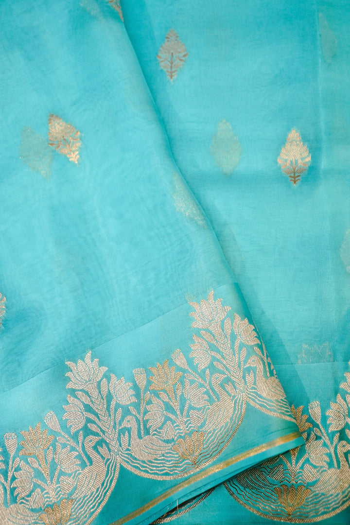 Elegant Aqua Blue Muslin Organza Saree with Birds Motif Meenakari Border