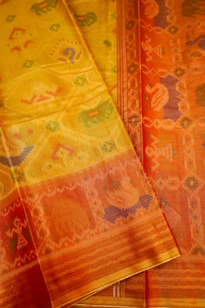 Golden Banarasi Silk Tissue Saree with Ikkat-Patola Inspired Weave